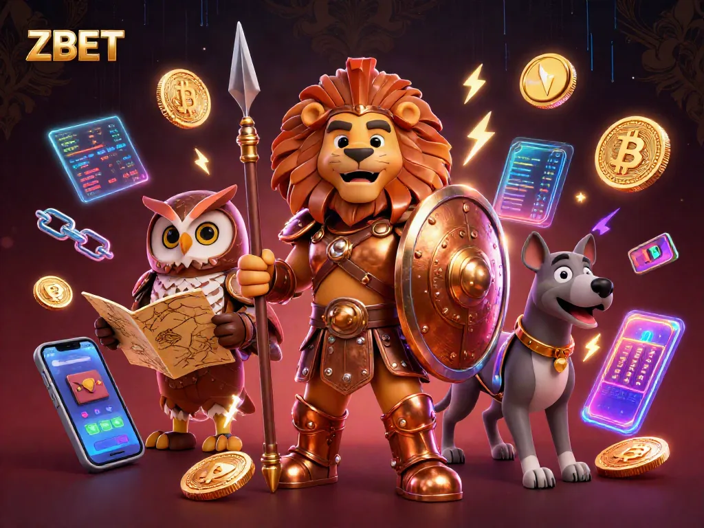 ZBET showcases thrilling casino action with a Spartan lion, owl strategist, and greyhound in a vibrant 3D scene.