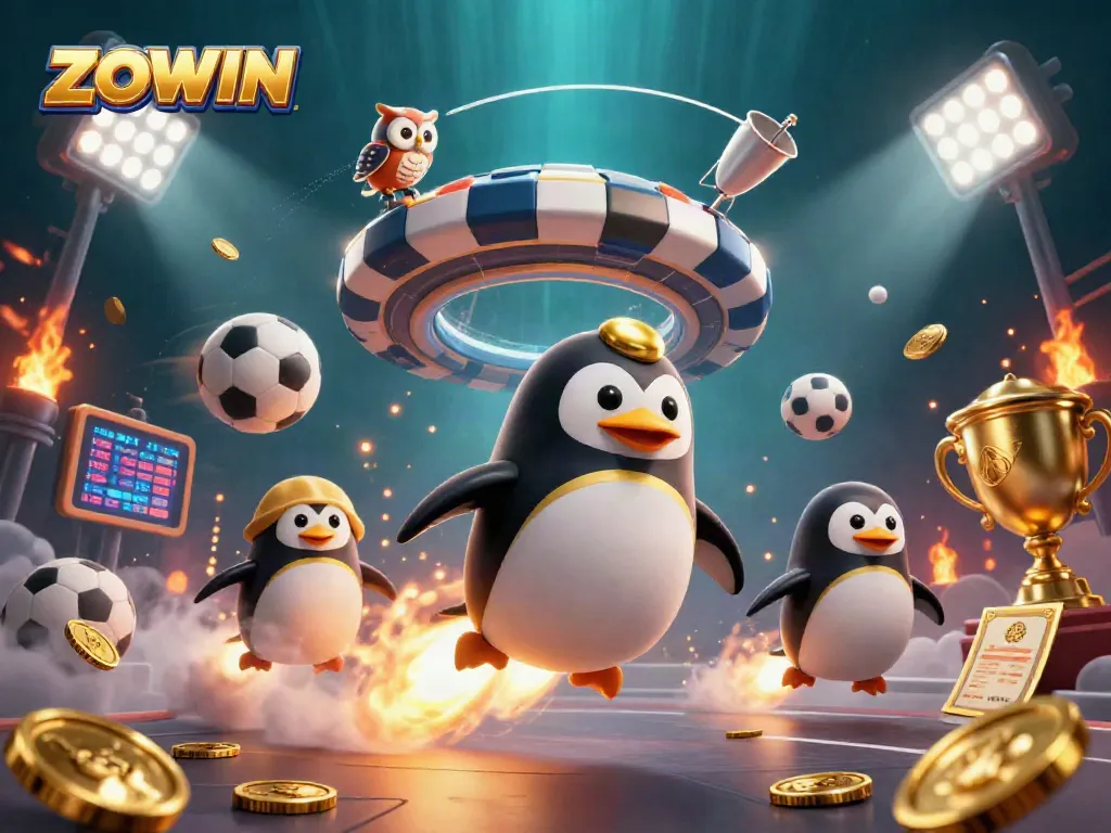 ZOWIN offers thrilling gaming experiences with the golden penguin amidst a casino space adventure.