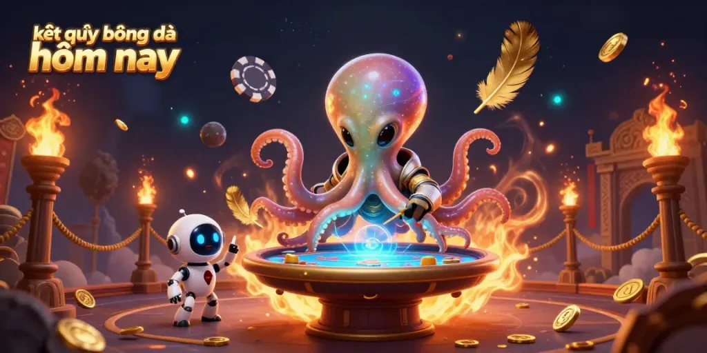 This vibrant scene captures the essence of kết quả bóng đá hôm nay with an alien octopus at a poker table, bringing excitement to sports betting.