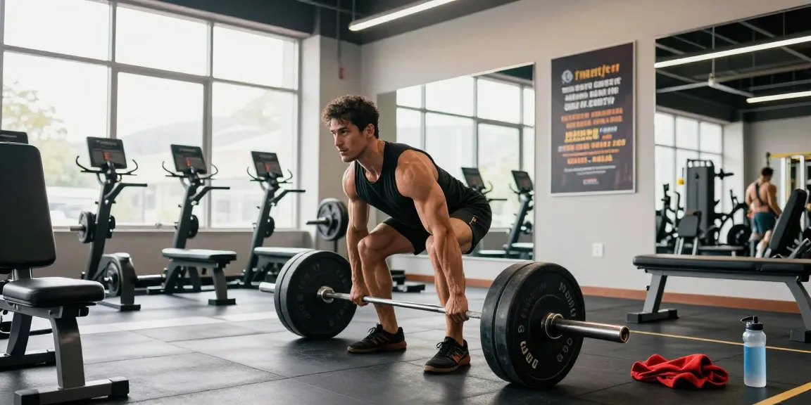 Anabolika Shop Deutschland Athlet in einem Fitnessstudio beim Kreuzheben, umgeben von Gewichten und Equipment, zeigt Stärke und Hingabe in einer hellen Umgebung.