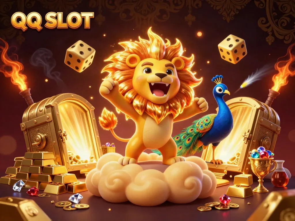 Play thrilling QQ SLOT with a 3D illustration of luck-enhancing symbols and dynamic characters.
