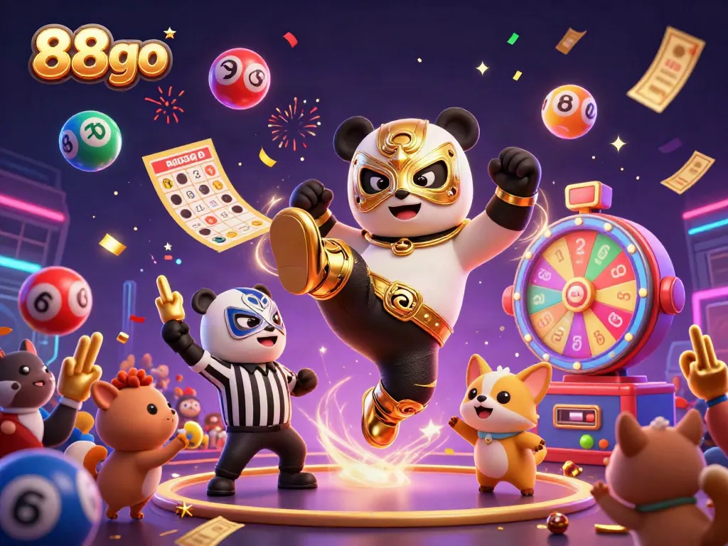 Experience excitement at 88go with a panda wrestler and animal fans in a vibrant lottery scene.
