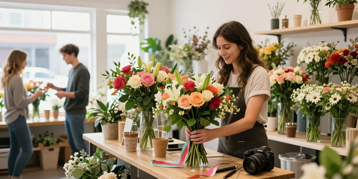 Flower delivery Edmonton with vibrant bouquets being arranged in a welcoming flower shop.