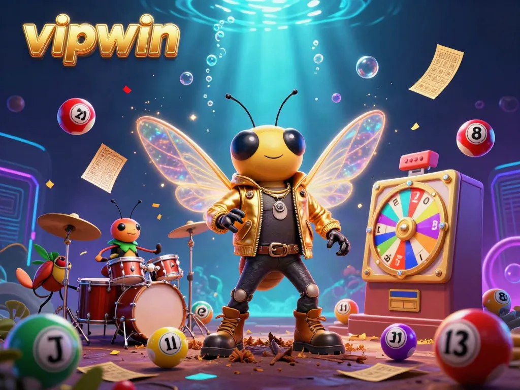 Experience thrilling action at vipwin with a vibrant scene featuring a rock star cicada and colorful game elements.