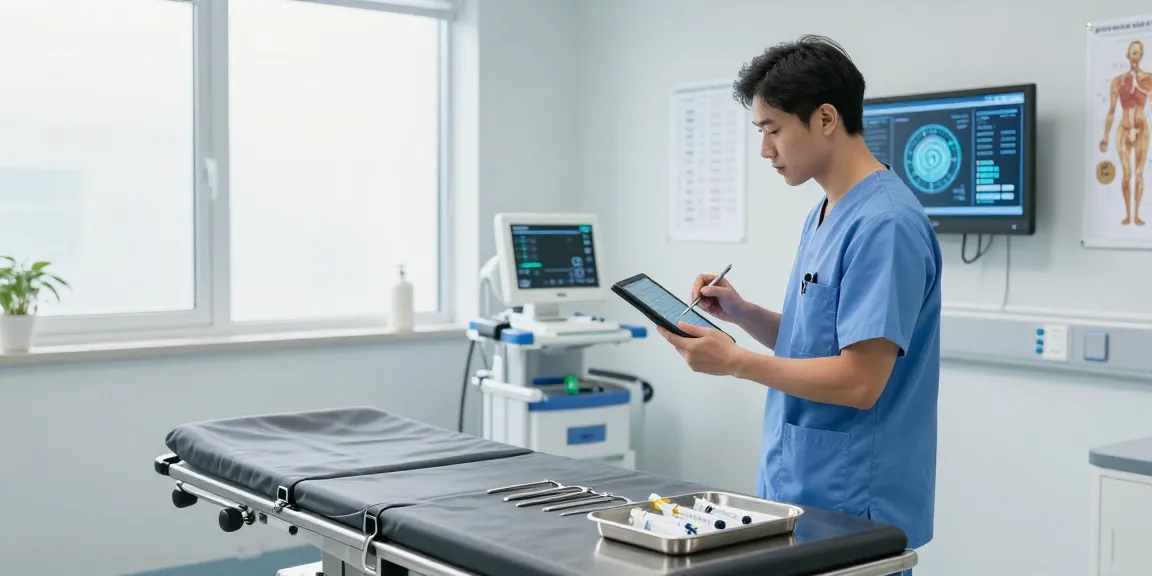 Healthcare professional examining patient data with medical instruments in modern clinic.