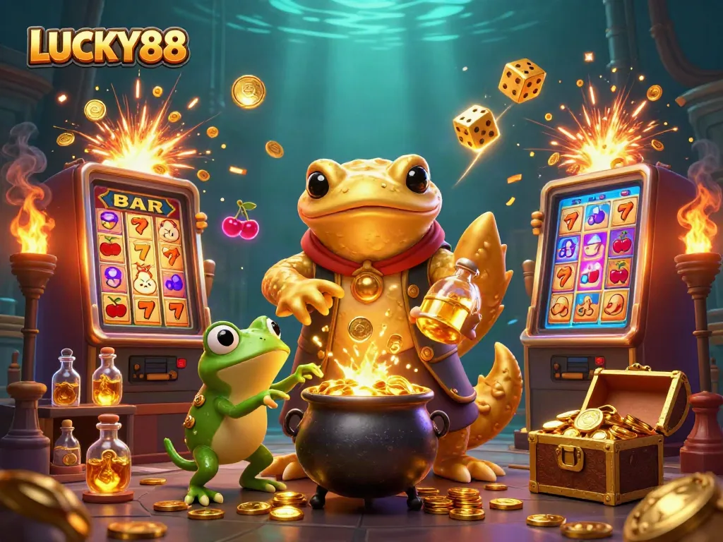 Experience the excitement of LUCKY88 with a vibrant illustration of a golden salamander alchemist amidst jackpot thrills.