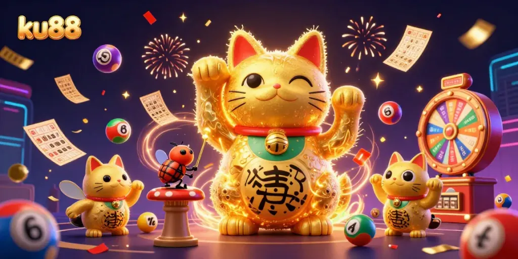 Experience thrilling games with ku88's dynamic golden lucky cat and vibrant casino elements.
