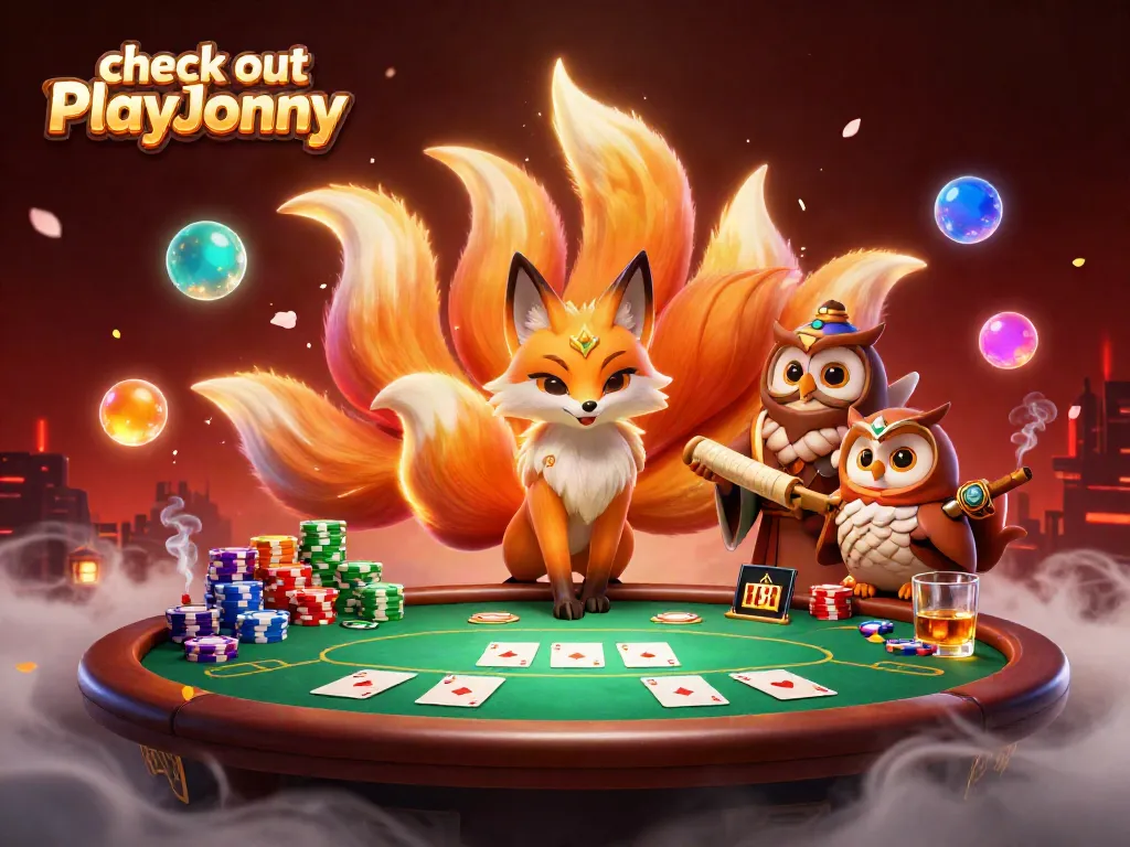 Check out PlayJonny and enjoy vibrant casino action with a colorful nine-tailed fox and wise owl at a poker table.