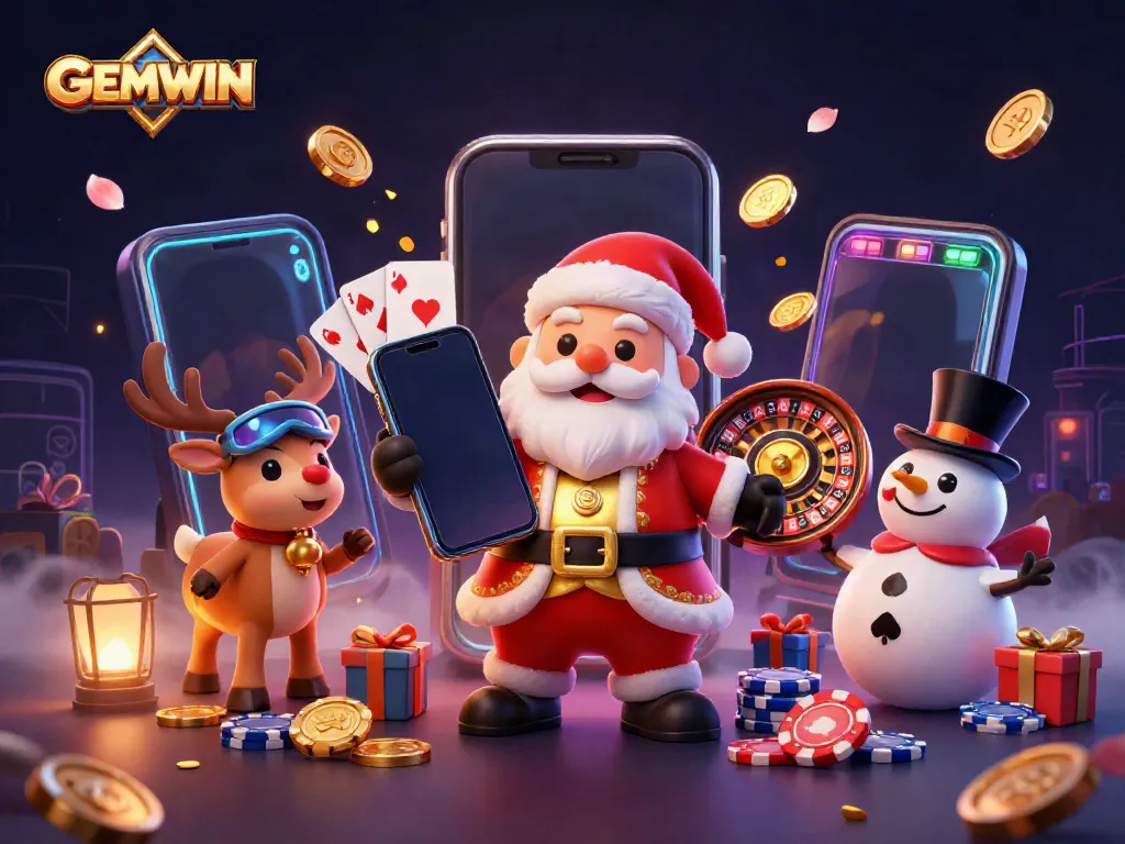Experience the excitement of GEMWIN with a festive casino scene featuring Santa and friends.