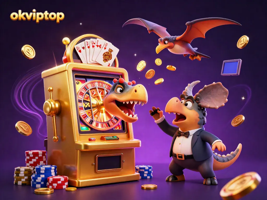 Experience the excitement of okviptop as a pachycephalosaurus triggers a jackpot at a golden slot machine.