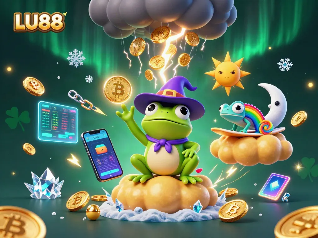 LU88 offers thrilling casino experiences with a vibrant scene of a weather wizard and chameleon among treasures.