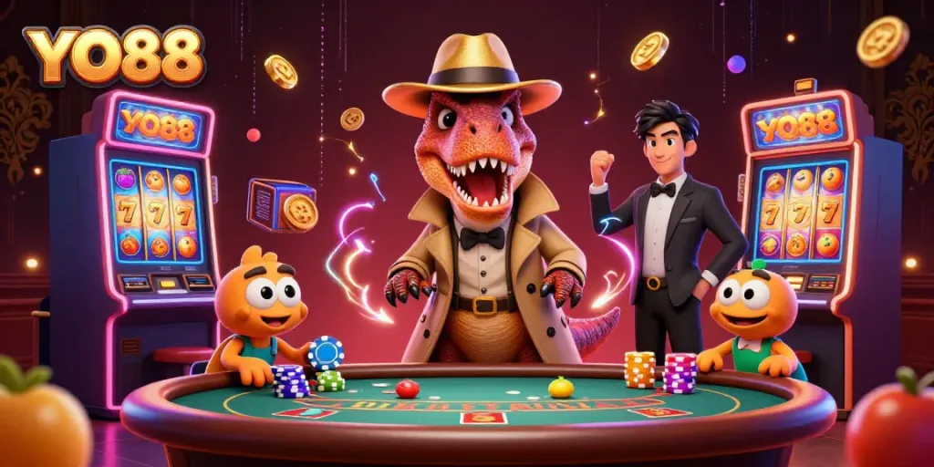 Experience YO88's dynamic gaming scene with a velociraptor card counter amidst thrilling slot machines.