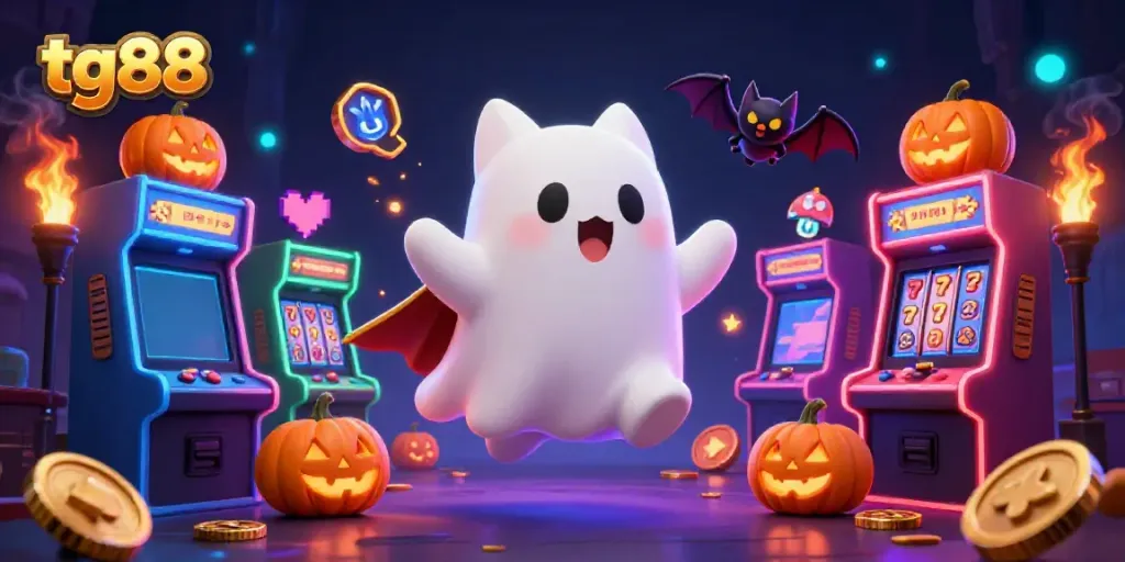 Engage with tg88's vibrant casino adventure featuring a ghost cat and bat companion amidst colorful slot machines.