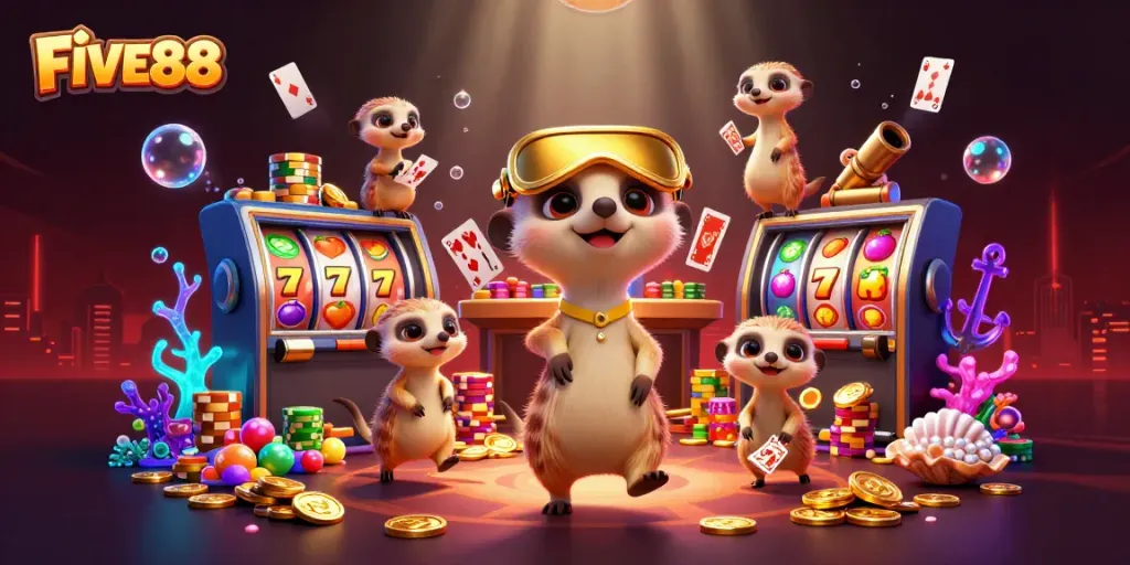 FIVE88's playful meerkat casino scene bursting with vibrant slot games and treasures.
