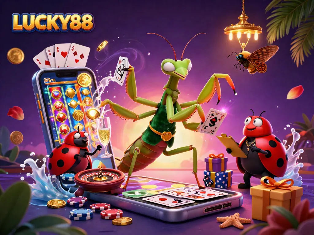 LUCKY88 engaging in thrilling casino gameplay surrounded by vibrant slot game visuals and festive decorations.