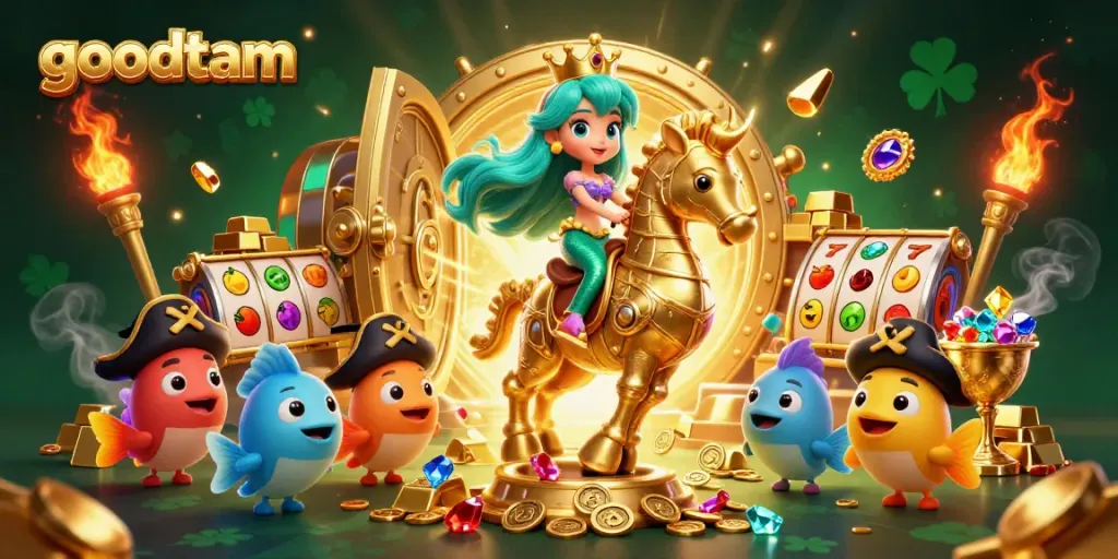 Experience the thrill of winning with goodtam in an ultra-detailed casino digital illustration featuring a mermaid princess and her treasure.