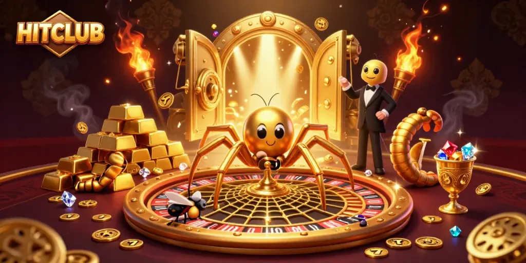 Experience HITCLUB with a playful fly betting nervously on a golden roulette wheel web.