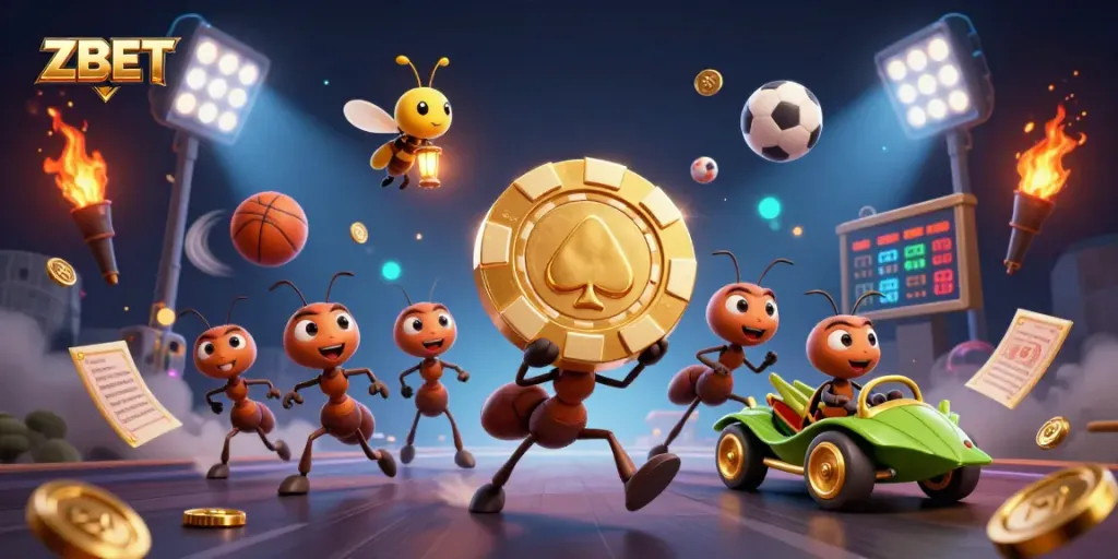 ZBET features a thrilling heist scene with ants carrying a giant poker chip amidst dynamic gambling elements.