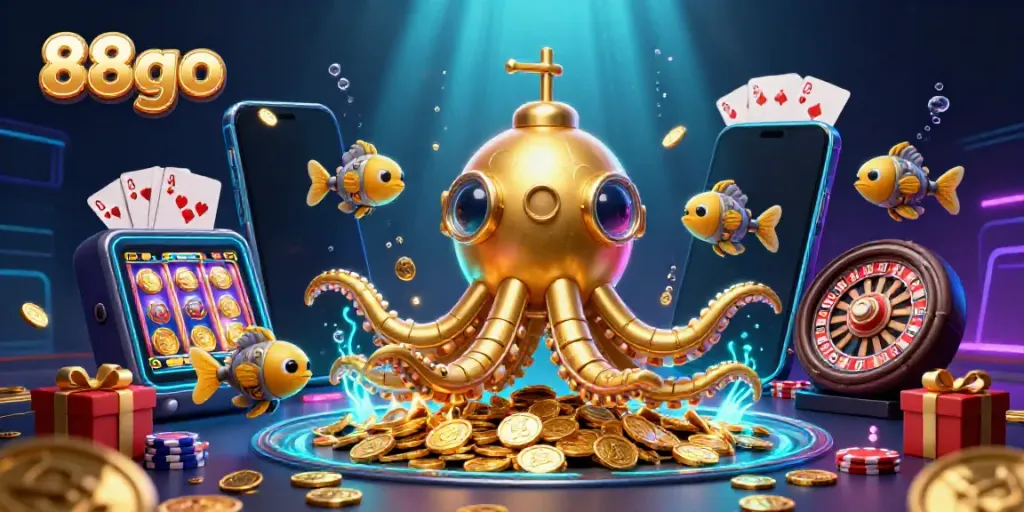 Experience the excitement of 88go with a golden kraken submarine and dynamic casino elements.