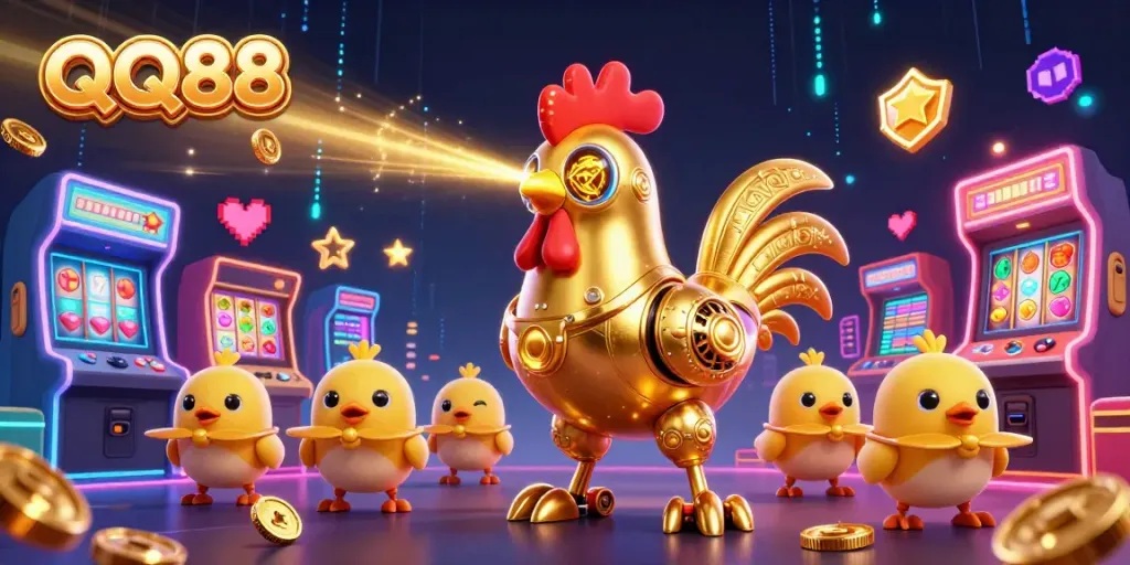 Experience the thrill of QQ88 with a vibrant 3D digital casino scene featuring laser-engraving rooster and slot elements.