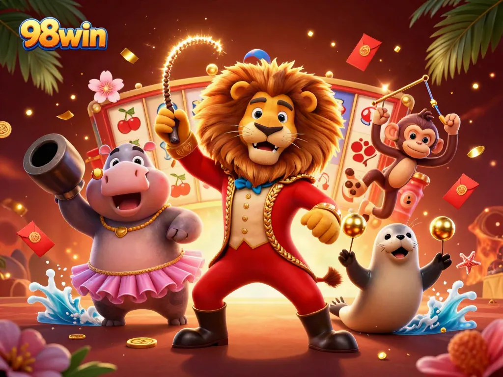 Spin and win with 98win's lively casino-themed 3D illustration featuring vibrant characters and engaging elements.