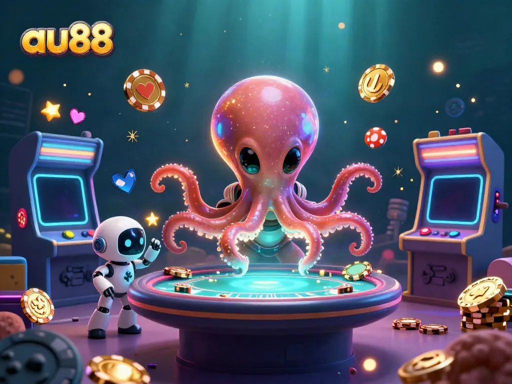Engaging 3D scene of au88 alien octopus at a holographic poker table with vibrant, animated game elements.