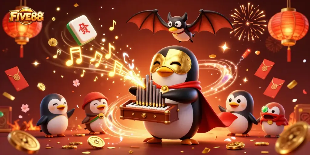 Experience the excitement of FIVE88 gaming with playful characters and festive elements in a vibrant illustration.