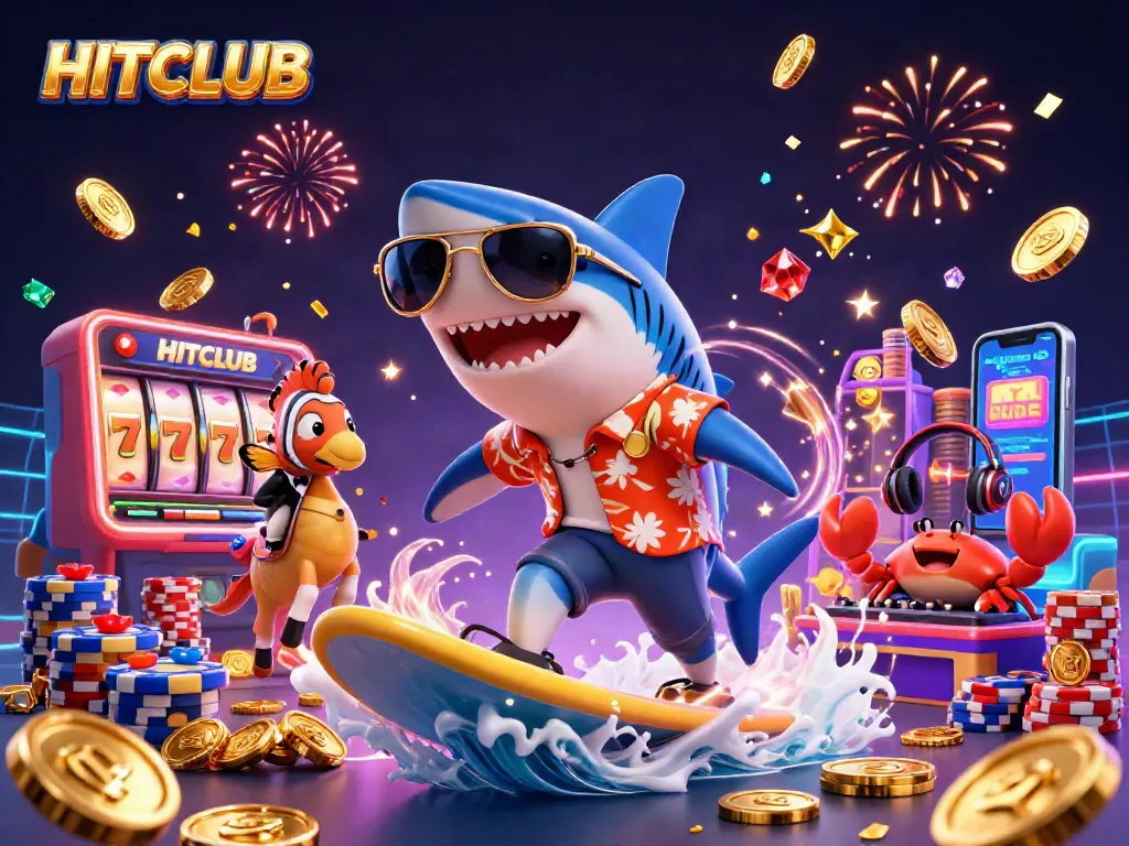 HITCLUB celebrates winning strategies with a shark surfing on gold coins and festive gambling elements.