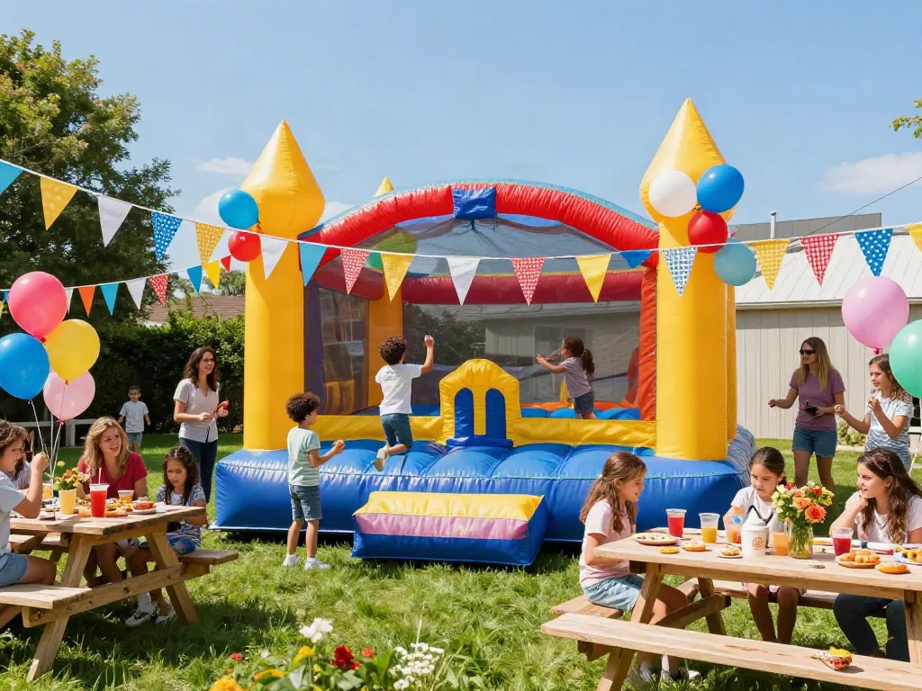 Children enjoying a colorful bounce house at an outdoor birthday party.