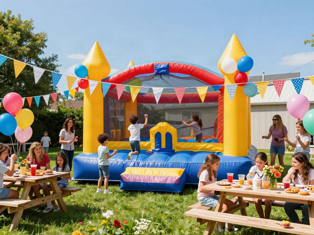 Children enjoying a colorful bounce house at an outdoor birthday party.