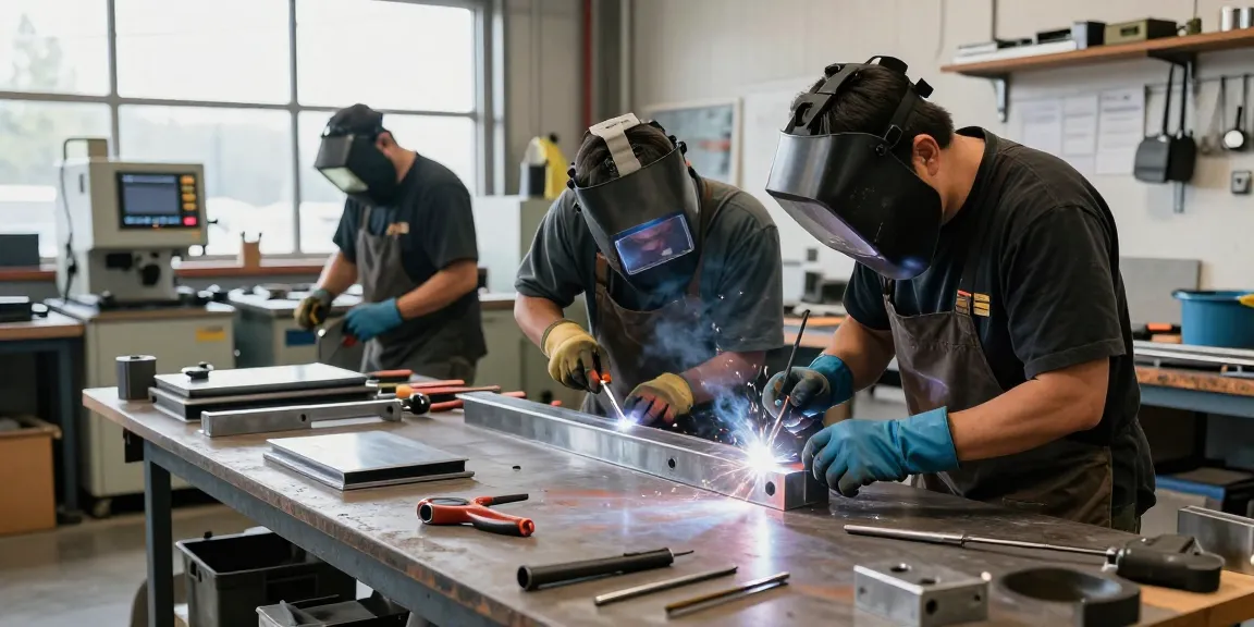 Custom metalwork vancouver workshop showcasing skilled fabricators welding steel components and innovative craftsmanship.