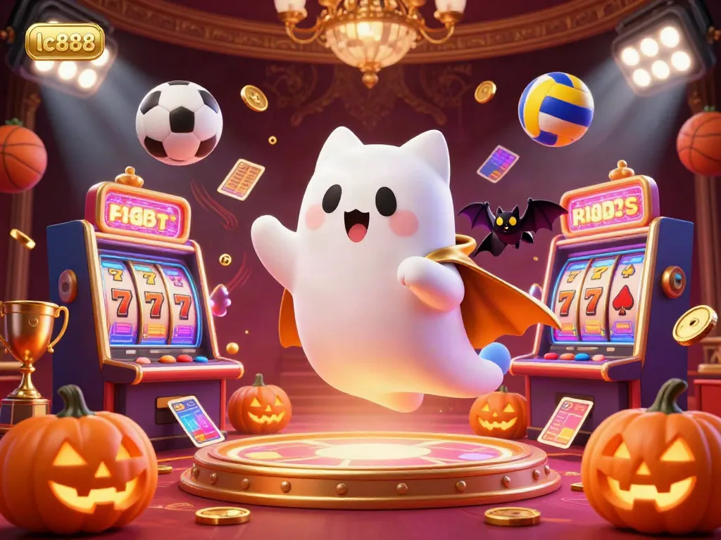 Experience the exhilarating spirit of lc888 with this vibrant casino-themed illustration showcasing a ghost cat and vampire bat.