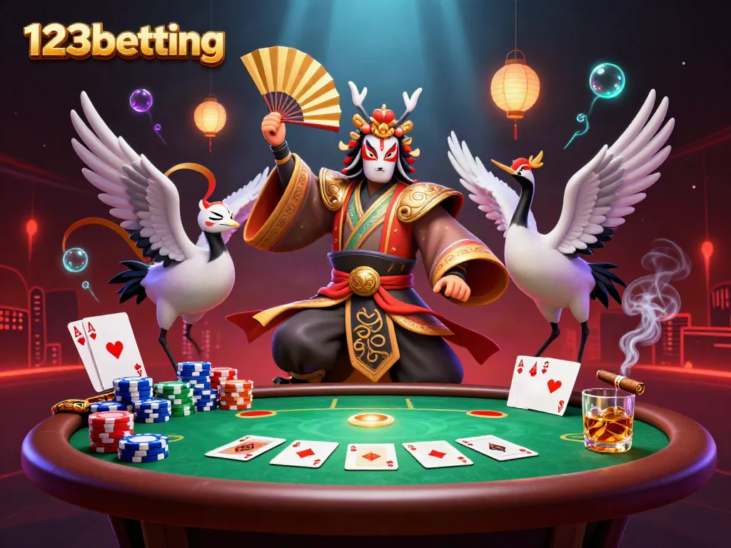123betting features a thrilling 3D illustration of kabuki warrior and kitsune at a poker table