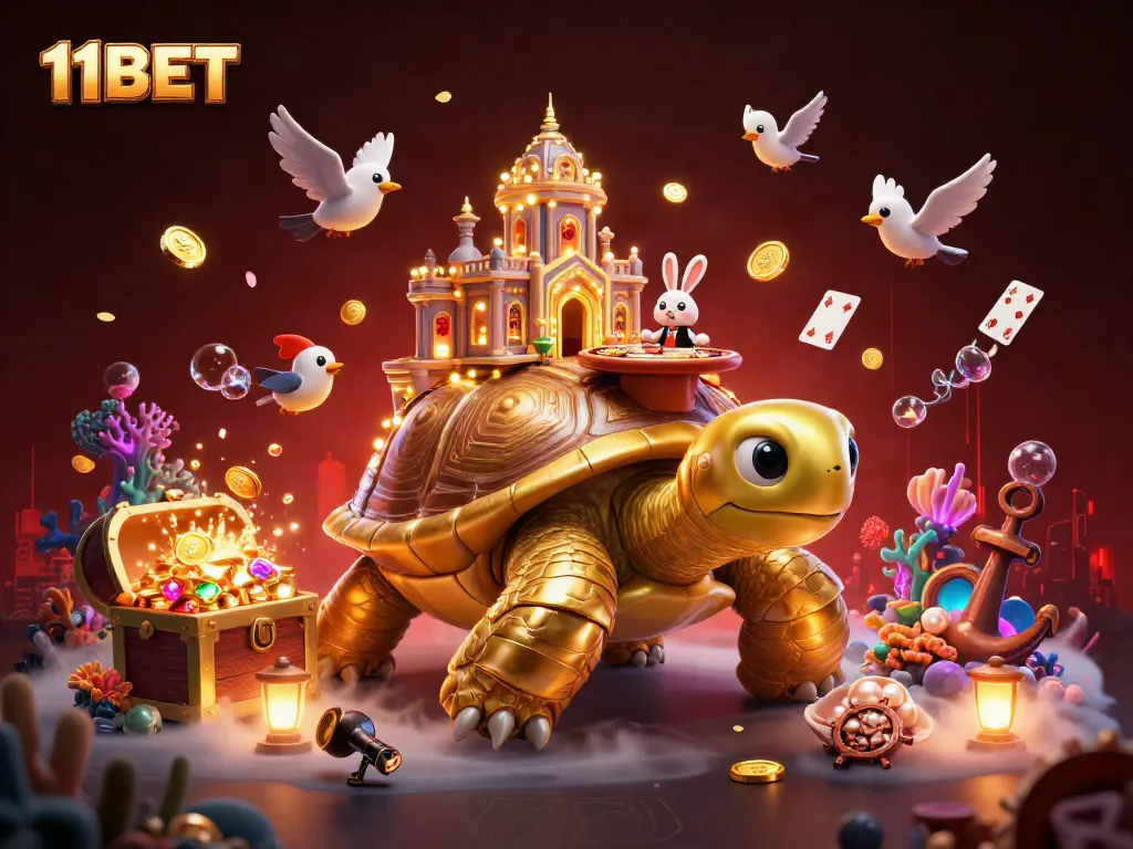 Experience thrilling gaming with 11BET's vibrant 3D illustration, featuring gold coins and dynamic characters.