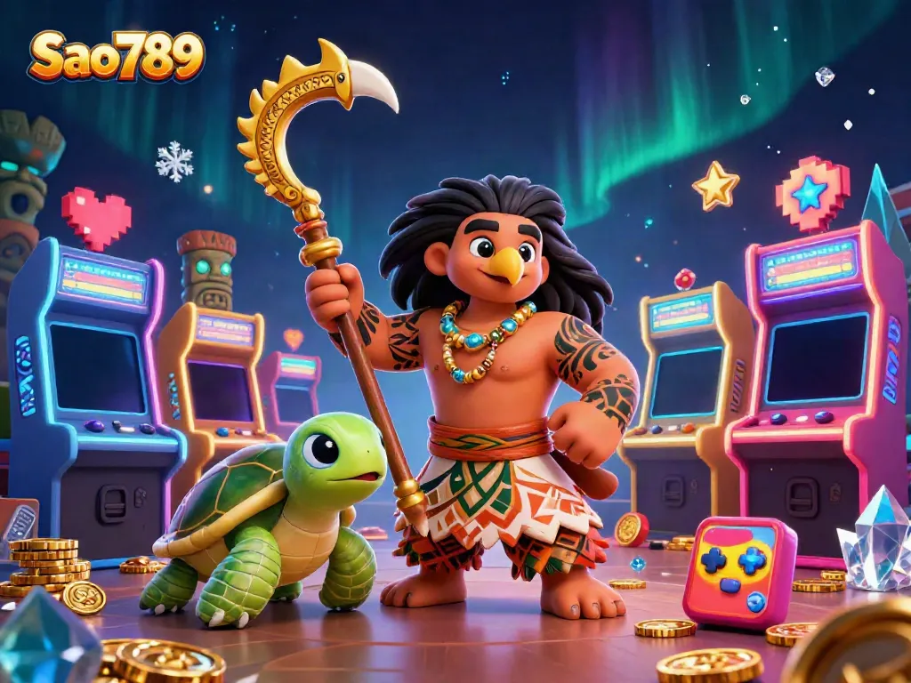 Experience the vibrant Sao789 casino world with dynamic gaming elements and tribal characters.