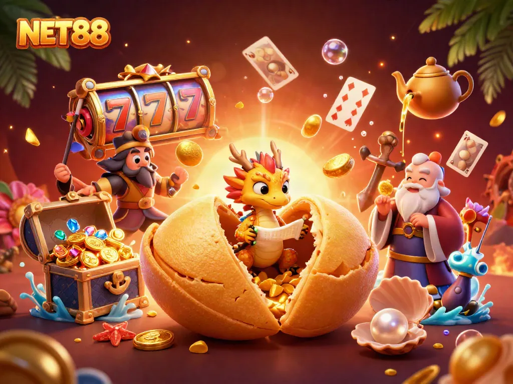 Engage in thrilling casino action with NET88, showcased by a vibrant scene of golden fortune and adventure.