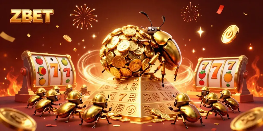 ZBET showcases dynamic slot action with golden beetles and festive symbols in a vibrant casino scene.