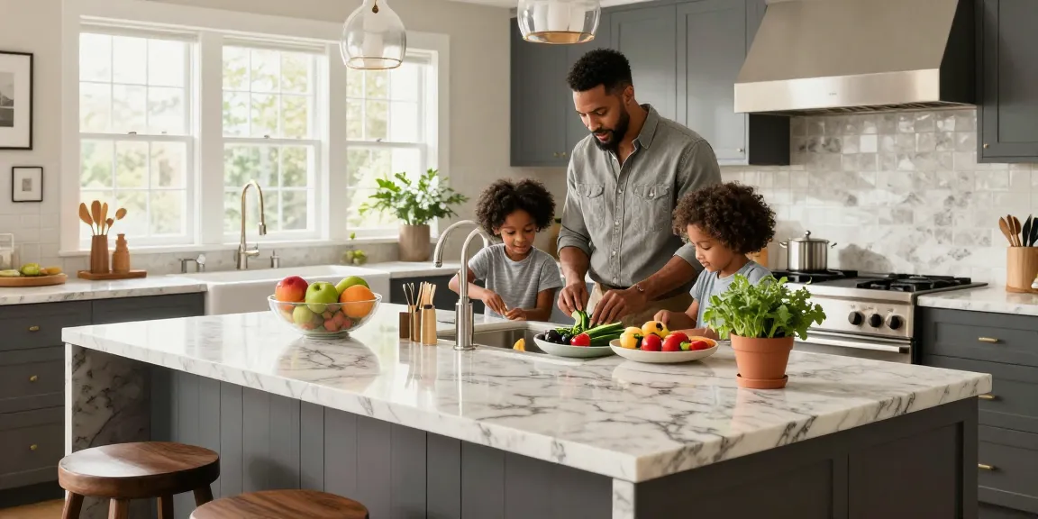 Custom kitchen countertops Hamilton in an elegant family kitchen scene with children cooking and enjoying together.