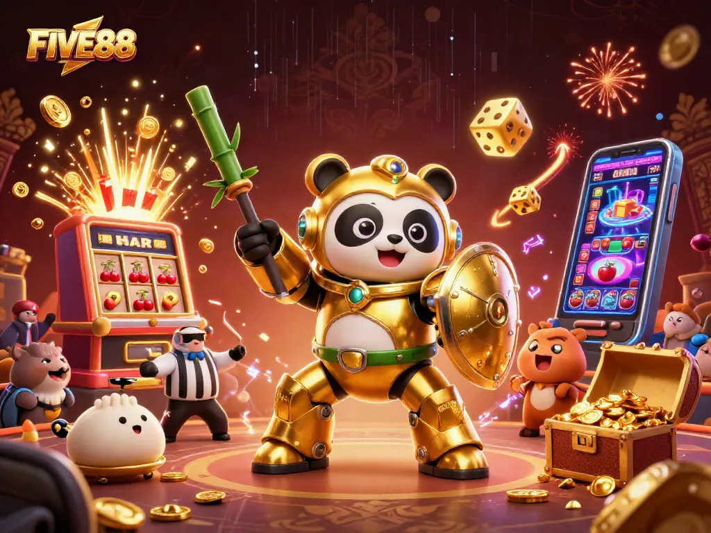 Engage with thrilling games at FIVE88, featuring a dynamic casino scene with exciting slot machines and game elements.