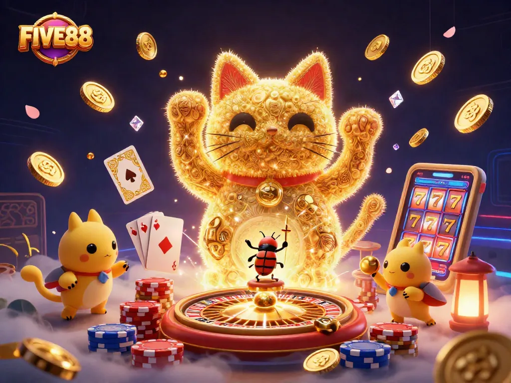 Spin and win with FIVE88's vibrant lucky cat illustration featuring dynamic casino elements.