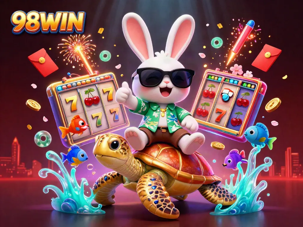 Experience the thrill of 98WIN casino with a lucky rabbit on a golden turtle amidst vibrant gambling elements.