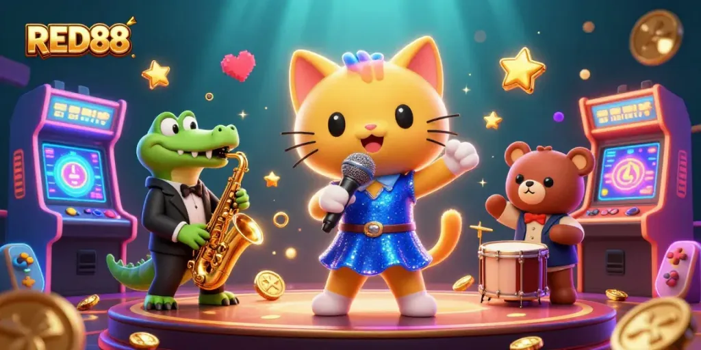 Join the fun at RED88 with a jazzy animated cat, crocodile, and bear in a vibrant casino scene.