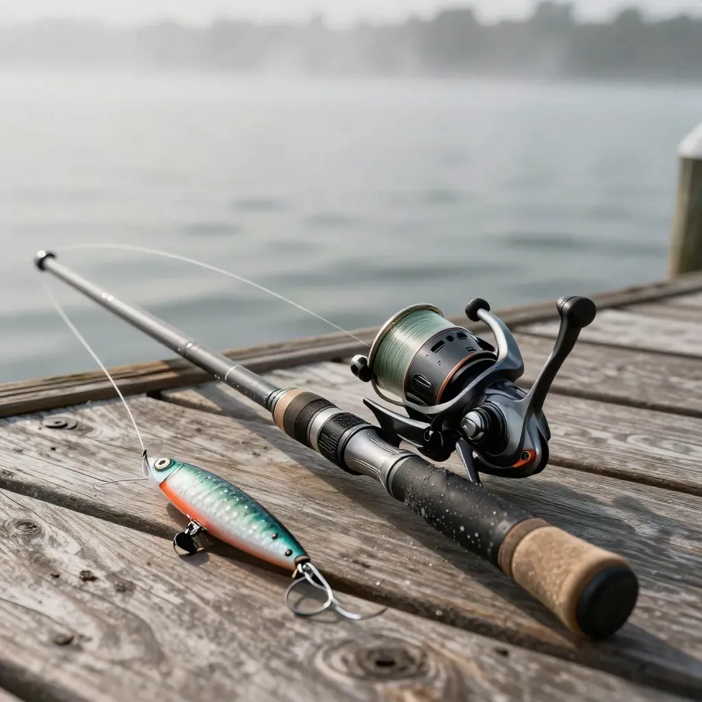 Fishing rod, reel, line spool, and lure on a misty dock