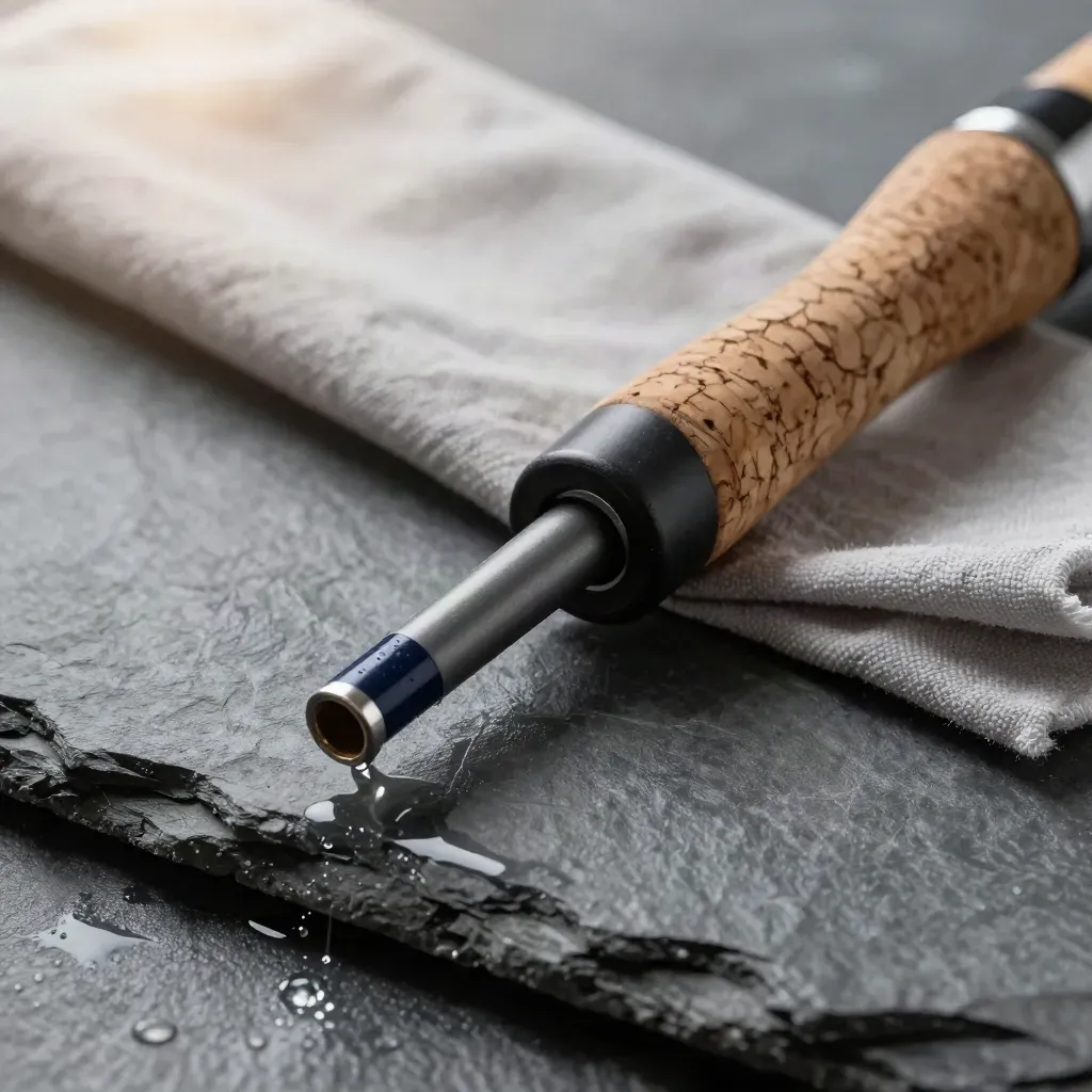 Macro of a spinning rod on wet slate, cork grip and guide wraps lit by a skimming highlight.