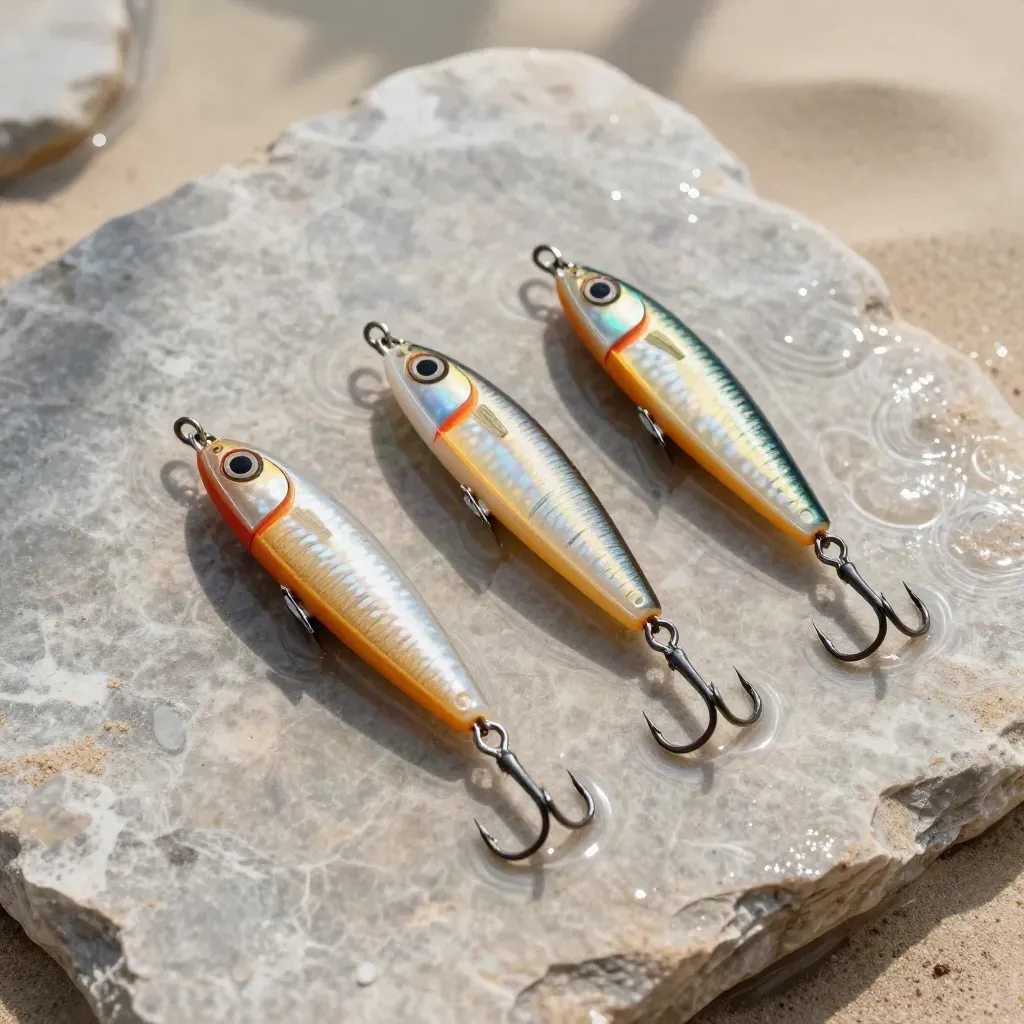 Three translucent crankbaits fanned on wet sandstone with ripple rings and soft overhead light