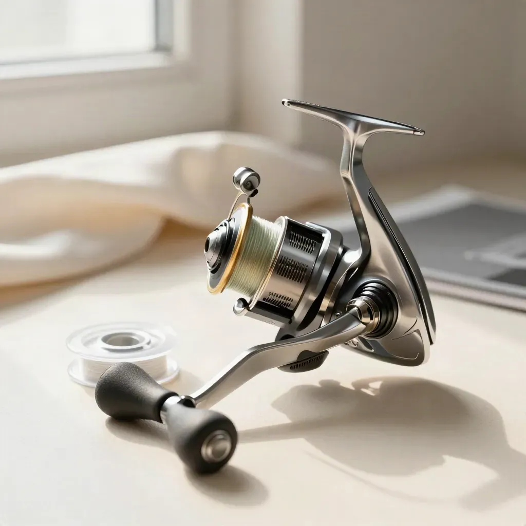 Silver baitfeeder reel with spare line spool on pale sanded surface, softly lit