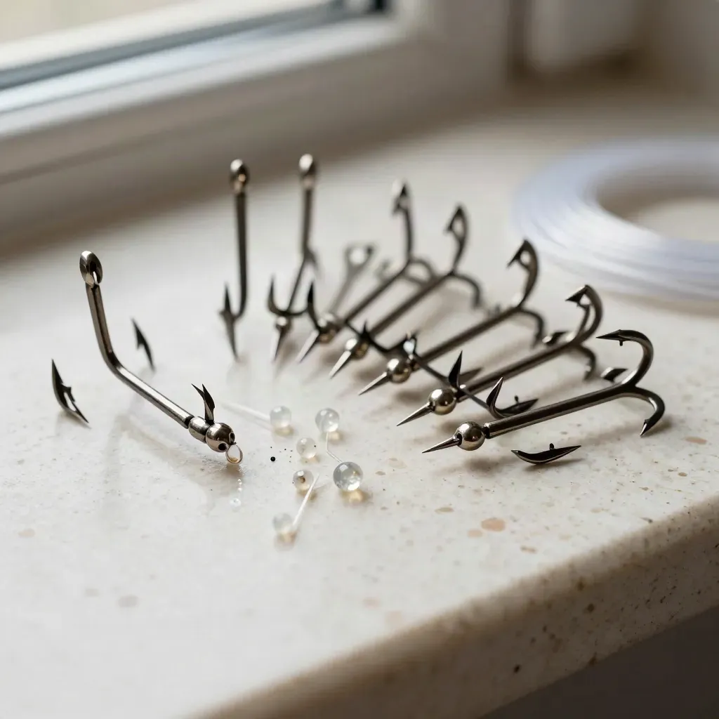 Unbranded fishing hooks in a shallow tray with beads and leader knots on pale stone.