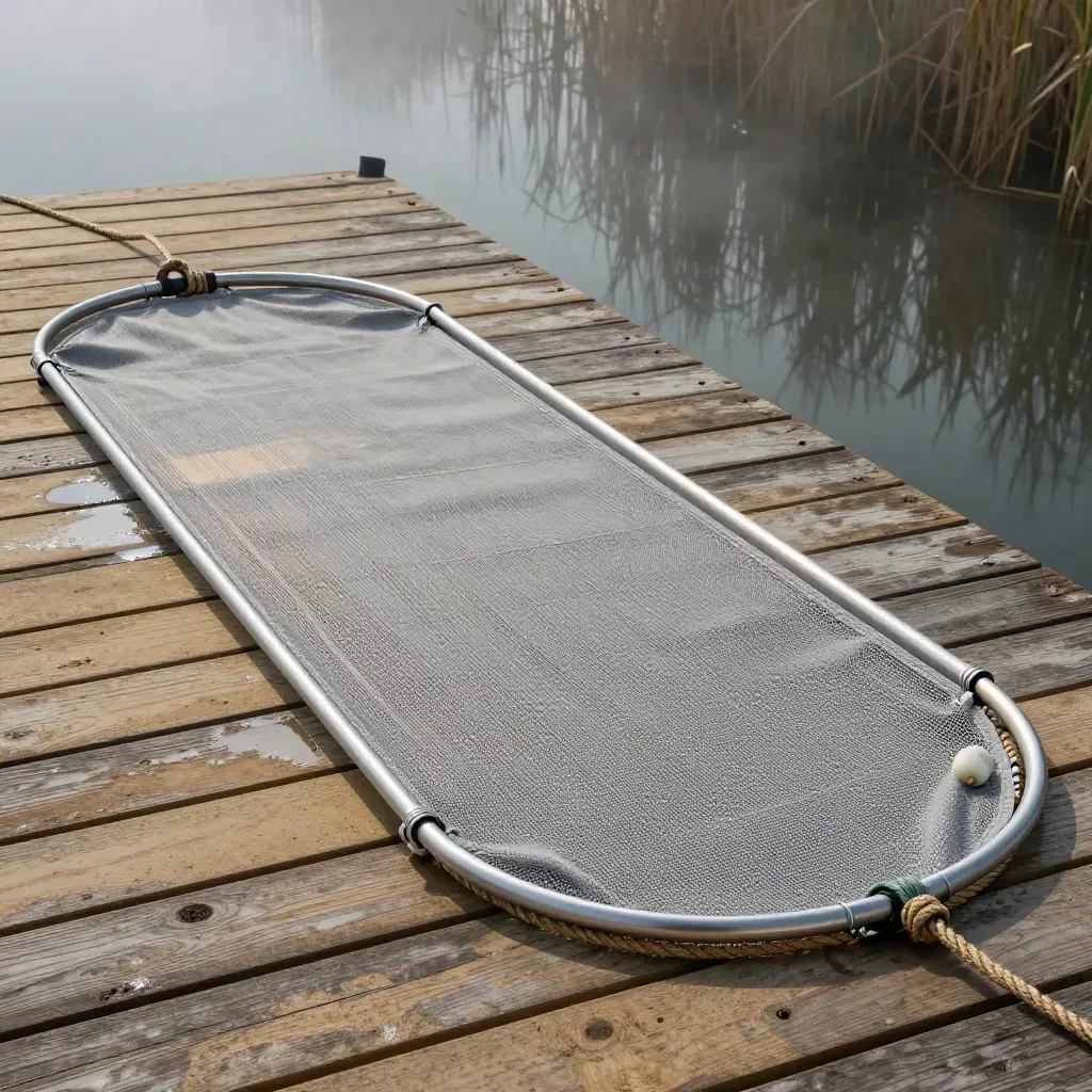 Folding landing net on a misty dock, mesh and float catching cool dramatic light.