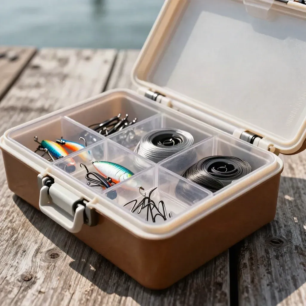 Open tackle box with organized trays of lures, swivels, and line spools on a cedar dock.