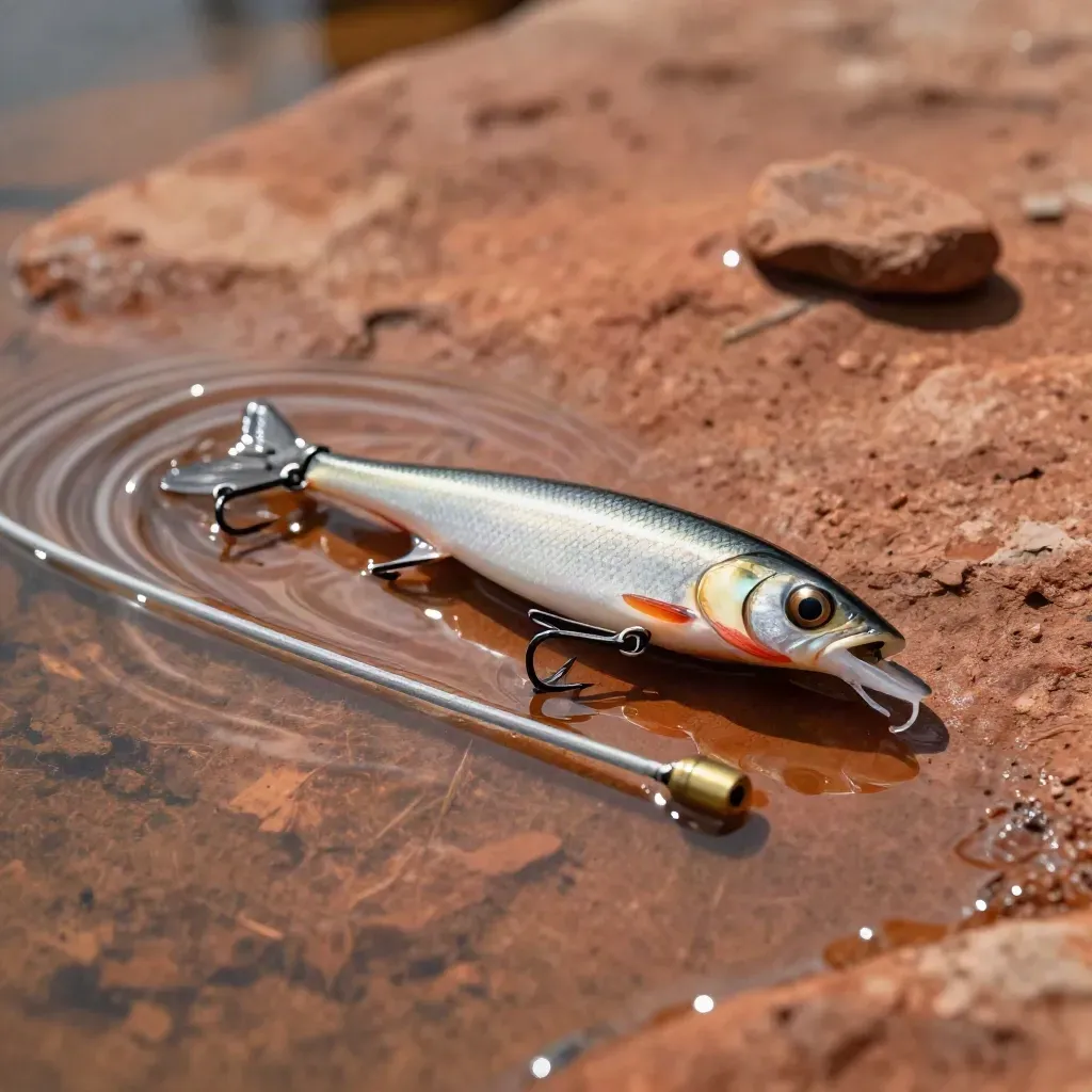 Hard-bodied minnow lure skimming a puddle on terracotta stone with a silver wake